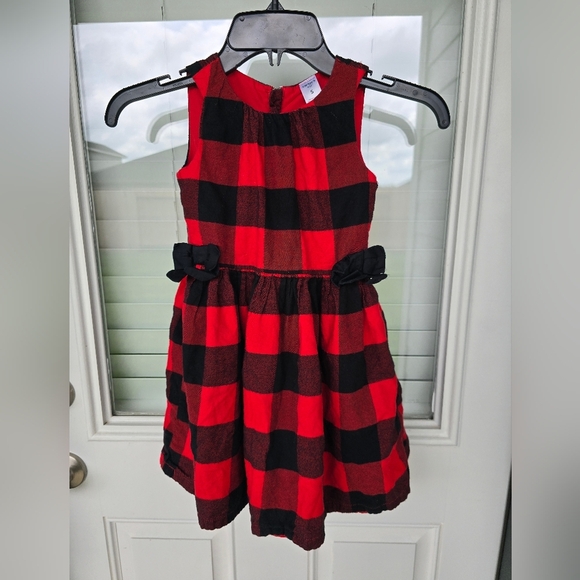 Carter's Kid Red Black Plaid Girls Dress Sz 5 Lined 100% Cotton Side Bows - Picture 2 of 13